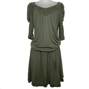 Clu Size Large Olive Green Blouson Dress Soft Rayon Jersey Knit Ruched Boho Chic